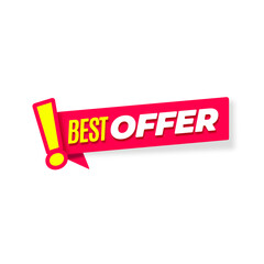 Red vector banner best offer. Red ribbon with exclamation mark isolated on white background.