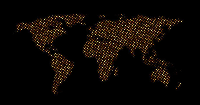 Golden halftone dotted world map.