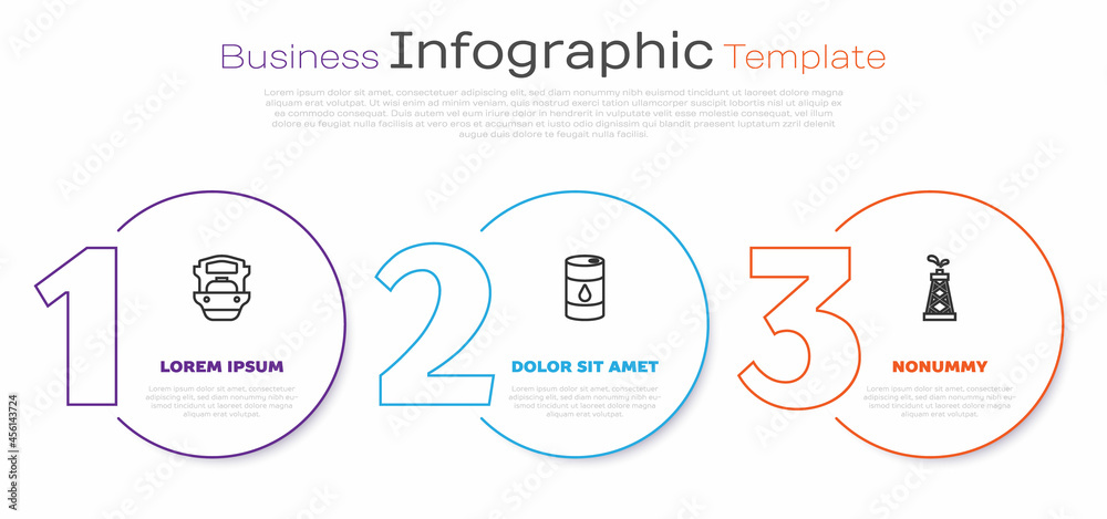 Poster Set line Oil tanker ship, Barrel oil and rig. Business infographic template. Vector