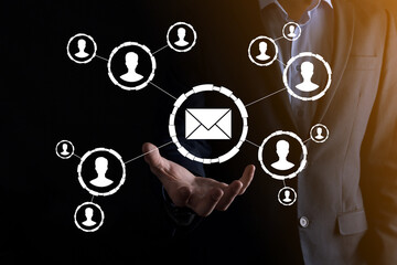Email and user icon,sign,symbol marketing or newsletter concept, diagram.Sending email.Bulk mail.Email and sms marketing concept. Scheme of direct sales in business. List of clients for mailing.