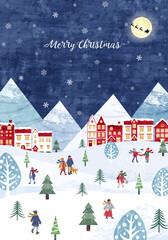 雪が降るクリスマスの街並みと人々とサンタクロースとトナカイのベクターイラスト背景(christmas, Merrychristmas,冬)