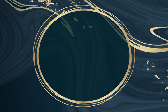 Round gold frame on blue fluid patterned background vector