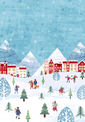 雪が降るクリスマスの街並みと人々の冬のベクターイラスト背景(christmas, Merrychristmas,冬)