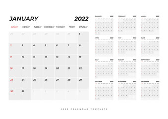 Calendar 2022, 12 month in clean minimal table simple style. Calendar 2022 template. Calendar planning week.