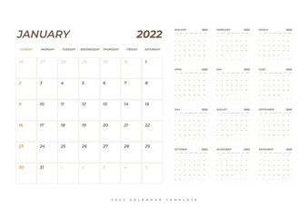 Calendar 2022, 12 month in clean minimal table simple style. Calendar 2022 template. Calendar planning week.