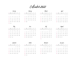 Calendar 2022, 12 month in clean minimal table simple style. Calendar 2022 template. Calendar planning week.