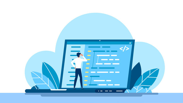 Concept of script coding and programming. JavaScript, PHP, Python, HTML, other languages. Programmer working on web development on the laptop. Software developers. Flat modern cartoon illustration.