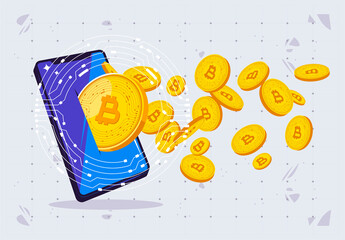 Vector illustration of a smartphone with gold coins of cryptocurrency, coins fly out of a mobile phone, investing in cryptocurrency using a mobile application