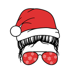 Santa Mom. Christmas Mom. Woman face with aviator glasses, santa hat and snowflakes  print. Messy Bun Mom Lifestyle. Vector illustration.  Isolated on white background. 