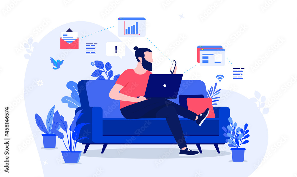 Leinwandbilder working from home - casual man sitting in sofa doing work on computer and phone. remote work concept