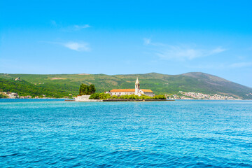 Landscape of the Bay of Kotor coastline with view to The Our Lady of Mercy