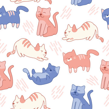 Cute blue pink cat seamless pattern for fabric, linen, textiles and wallpaper
