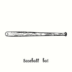 Baseball bat. Ink black and white doodle drawing in woodcut style.