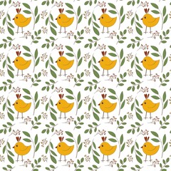 Seamless cute pattern with animal for kid room, wallpaper, textile, clothes, cover, background. Yellow birds with green plants on the white background.