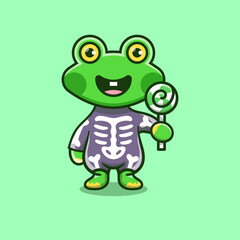 cute frog wearing skeleton halloween costume and carrying lollipop