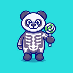 cute panda wearing skeleton halloween costume and carrying lollipop