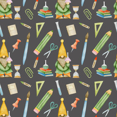 Watercolor seamless pattern gnomes at school on a dark background, school supplies.
