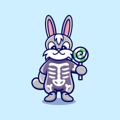 cute bunny wearing skeleton halloween costume and carrying lollipop