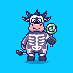 cute cow wearing skeleton halloween costume and carrying lollipop