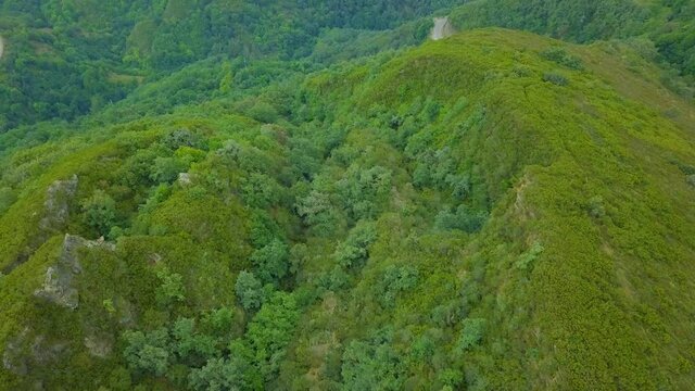 aerial view of the old Roman gold mine "a toca" on the green mountains of Caurel