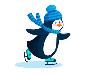 Penguin in a hat and scarf skates on ice. Cute penguin skater is isolated on white background. Childish vector character.