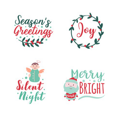 Set of four Christmas logotype or insignia. Cute cartoon Christmas tree. Vector