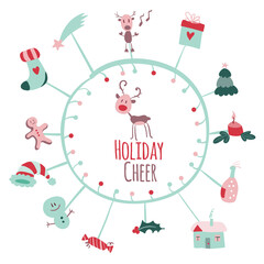 Christmas post card with merry xmas doodles and modern Christmas insignia. Callygraphic logo. Vector