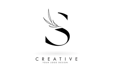 S letter logo design with elegant and slim leaves vector illustration.