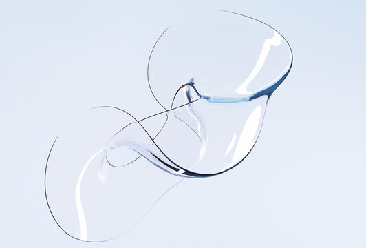 Abstract glass geometric figure twisted shape. Holographic sculpture in curve wavy smooth forms, crystal or acrylic composition, clear liquid chromatic object isolated on blue background, 3d render