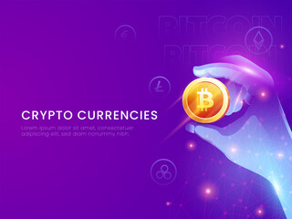 Crypto Currencies Concept Based Poster Design With Futuristic Hand Holding 3D Golden Bitcoin On Purple Background.