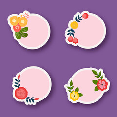 Floral Printed Round Shape With Space For Text In Four Options On Purple Background.