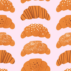 Croissant seamless pattern. French bakery morning background with cute flat hand drawn buns. Sweet breakfast pastry with sugar and chocolate toppings.