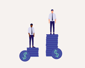 Racial Wage Gap Concept. Black Employee Standing On A Stack Of Coins Which Is Much Lower Than The White Employee. Discrimination. - obrazy, fototapety, plakaty