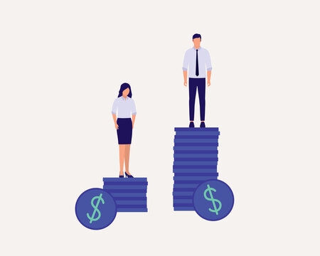 Gender Wage Gap Concept. Female Employee Standing On A Stack Of Coins Which Is Much Lower Than The Male Employee.