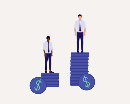 Racial Wage Gap Concept. Black Employee Standing On A Stack Of Coins Which Is Much Lower Than The White Employee. Discrimination.