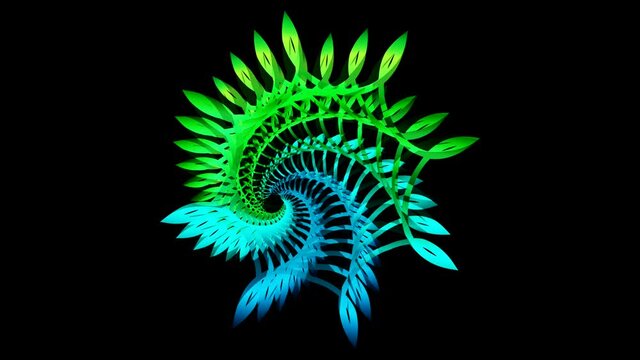 Abstract leaves with green blue gradient on black background - seamless looping 4K Ultra HD video. 