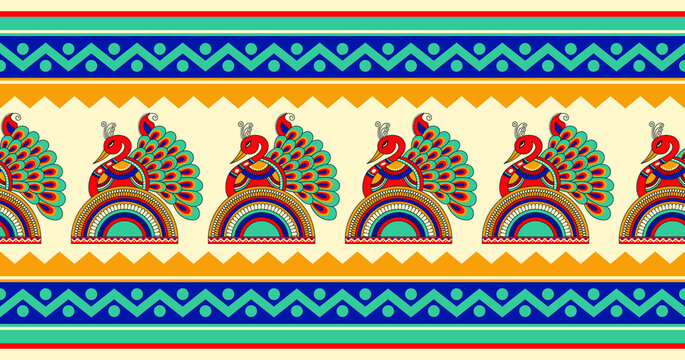 Seamless colorful traditional Asian peacock border design