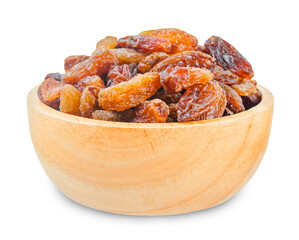 Golden dried raisins in wooden bowl isolated on white background.