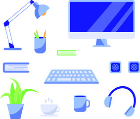 Workspace. 
keyboard, headphones, monitor, book, flower, pencils, table lamp