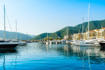 Fototapeta premium Sunset view of the yacht marina in Porto Montenegro