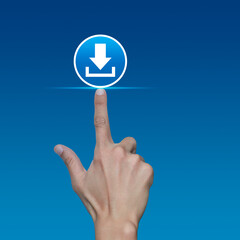 Hand pressing download flat icon over light blue gradient background, Technology internet online concept