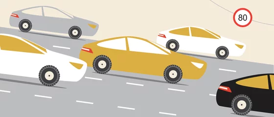 Stickers muraux Course de voitures Voitures sur la route, vitesse 80, illustration vectorielle à plat avec vitesse de route limitée ou pas de conduite rapide