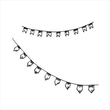 garland with pointed flags - interior decor in engraving style hand drawn vector sketch
