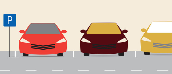 Cars in the parking lot, road sign, flat vector stock illustration with parking lot in the city, frontal view