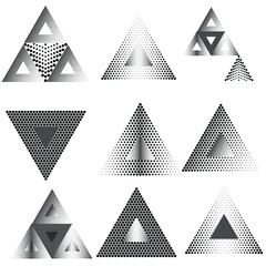 Fototapeta premium Set of abstract design elements. Vector illustration. Geometric shapes . Triangles with halftone dots