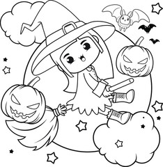 Halloween coloring book cute little girl witch