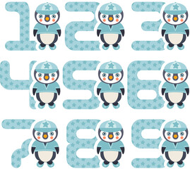 Cute blue boy penguin different numbers set