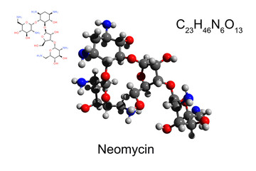 Chemical formula, structural formula and 3D ball-and-stick model of aminoglycoside antibiotic neomycin, white background