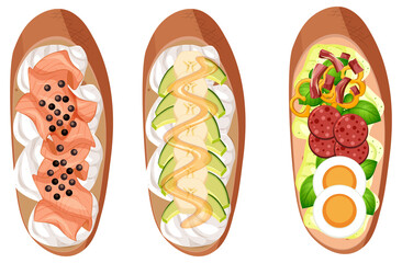 Set of Bruschettas with different toppings isolated on white background