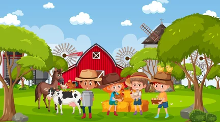 Gordijnen Boerderijscène met veel kinderen en boerderijdieren © brgfx